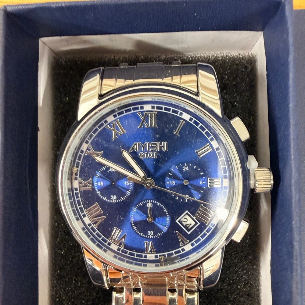 Dofia Xiaoya Aiyishi 9101‎ Men's Silver Stainless Steel Quartz Watch Blue Dial